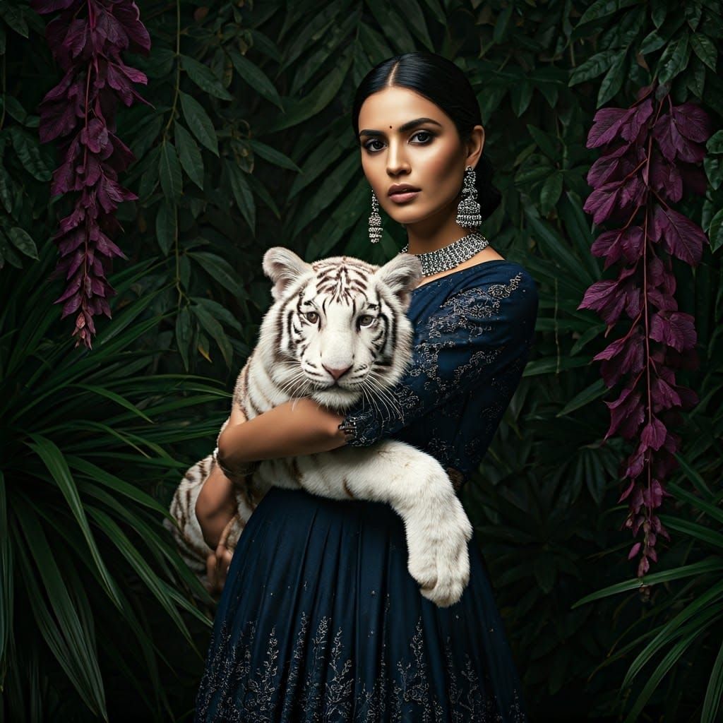 Mysterious Indian Beauty with Tiger in Nocturnal Botanical G...