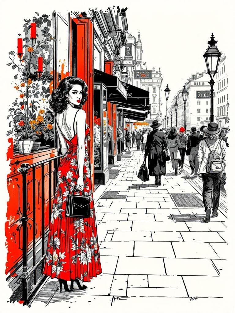 Elegant Woman in Cityscape: Ink Drawing with Color Accents