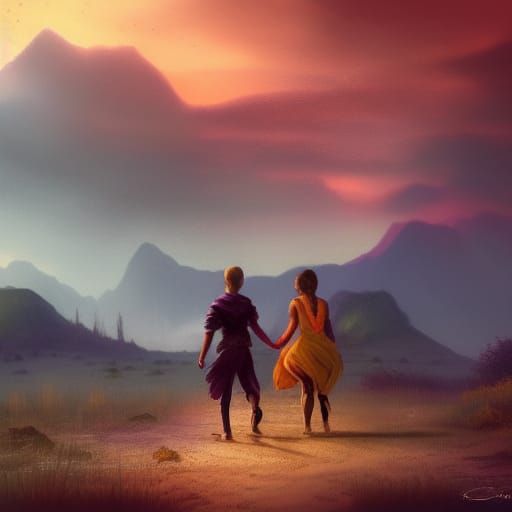Friends Walking at Sunset in a Detailed Matte Painting