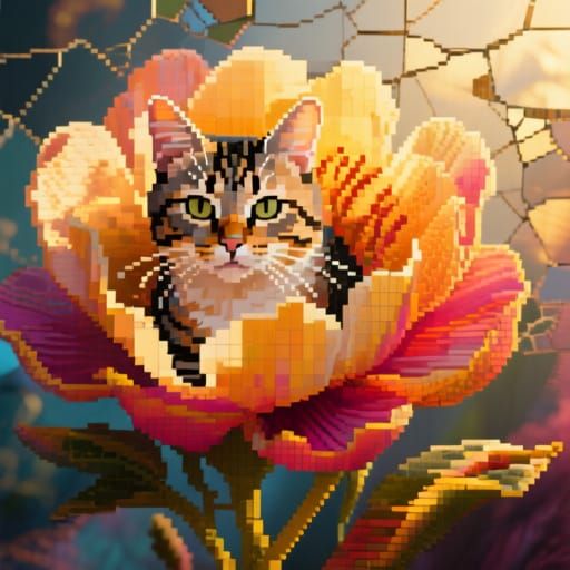 Surreal Cat Emerges From Exotic Flower in Pixel Art Collage