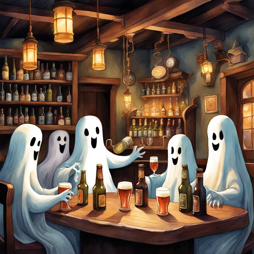 Happy Ghosts at a Haunted Tavern Watercolor