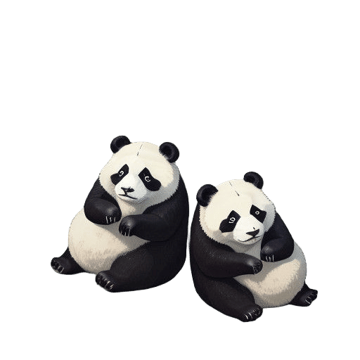Whimsical Garden Scene with Two Playful Pandas in Soft Water...