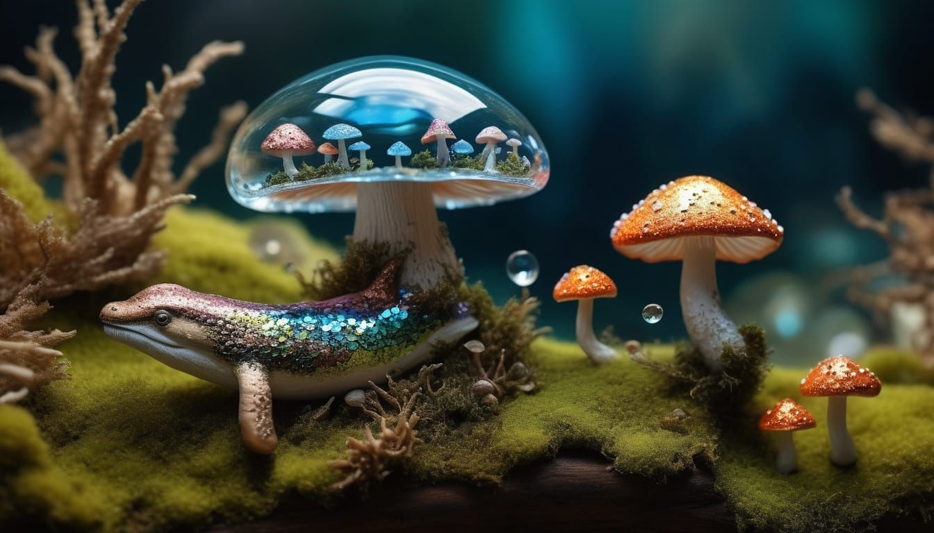 Fantasy Art of Iridescent Sequins Crystal Mushrooms in Minia...