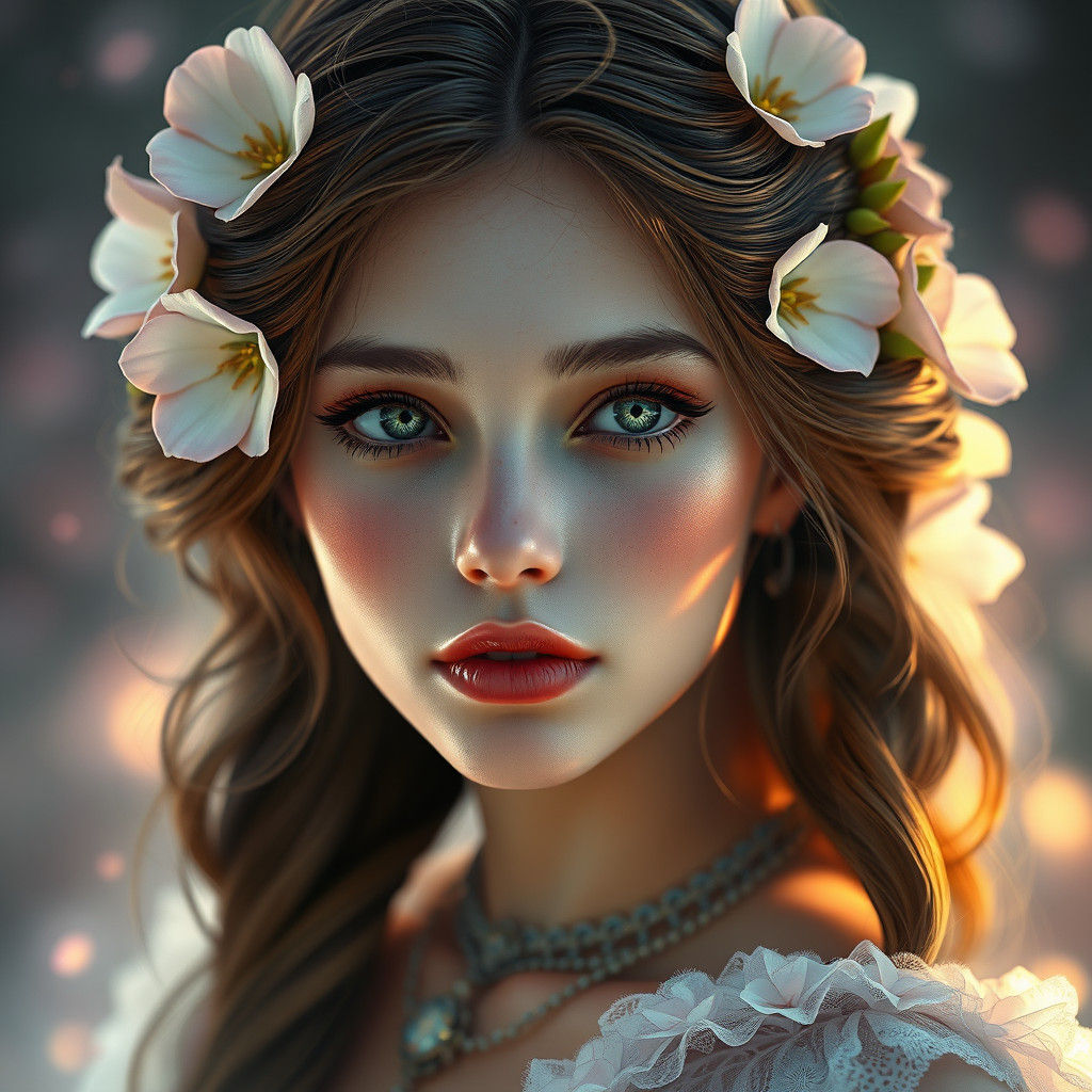 Ethereal Flower Girl Portrait in Art Nouveau Style