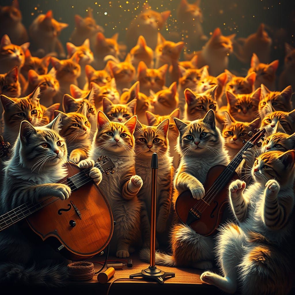 Surreal Digital Cat Orchestra Performs in Glittering Gold Th...