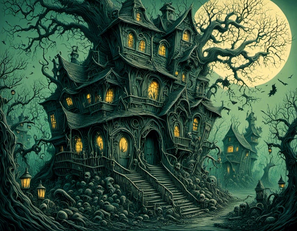 Sinister Haunted House in Dark Whimsy Illustration