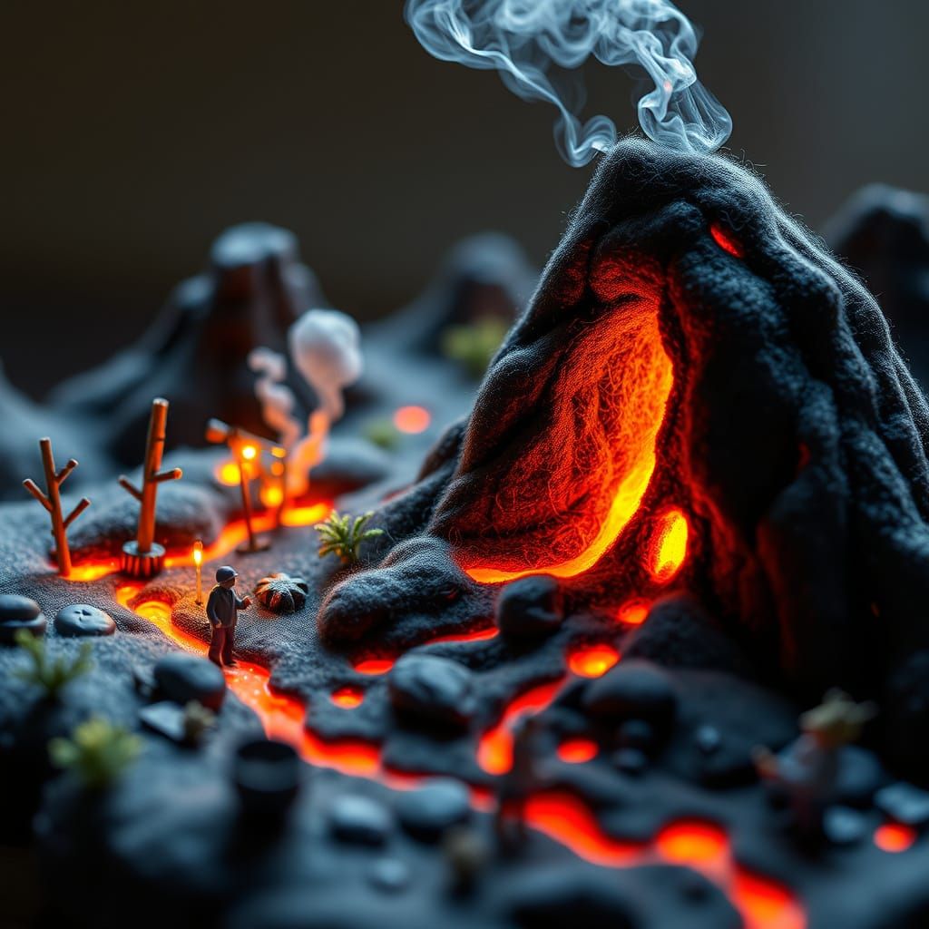 Needle-Felted Volcano Diorama with Miniature Scientists