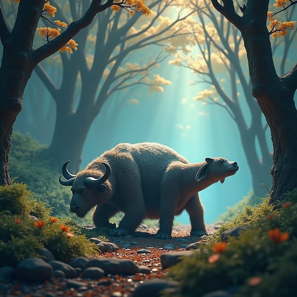 Majestic Gorilla-Bull Hybrid in Mystical Realm