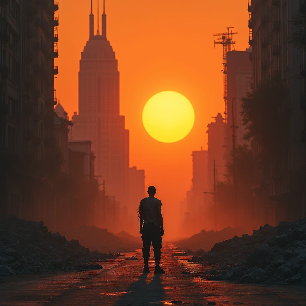 Post-Apocalyptic Silhouette Against Orange Sunset