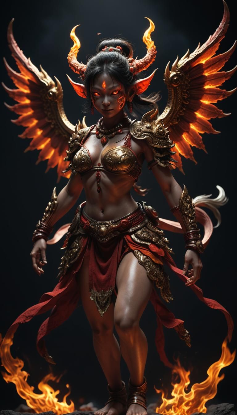 Female Tibetan Asura with Fiery Demon Wings