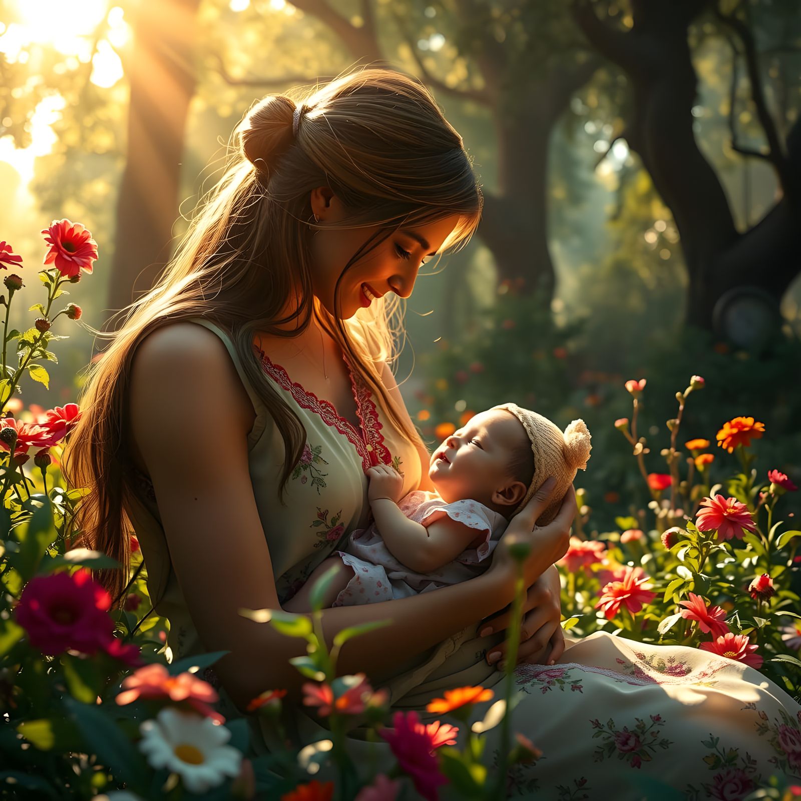 Mother and Newborn in Enchanted Garden, a Cinematic Masterpi...