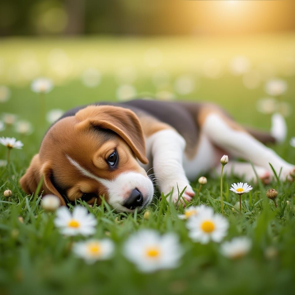 Beagle Puppy Napping in Daisy Field