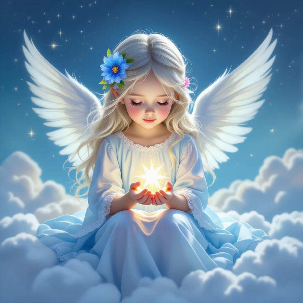 Ethereal Angel Girl with Glowing Star on Clouds