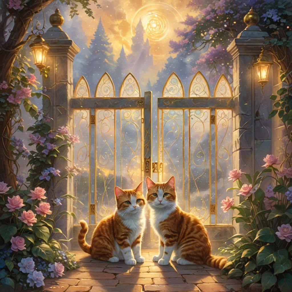 Cats Guarding a Magical Portal: Ethereal Digital Painting