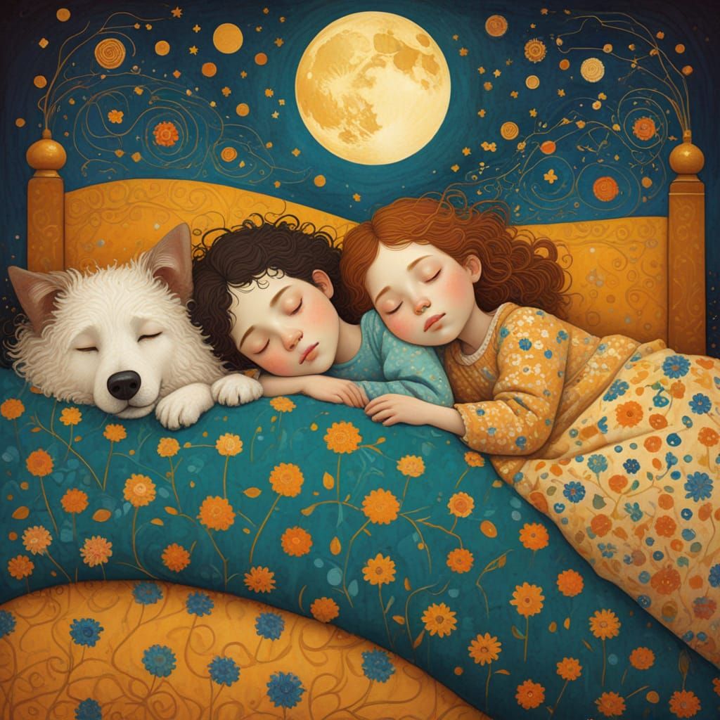 Children Sleeping: Storybook Illustration in Klimt Style