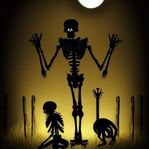 Skeletons Dancing on Halloween Night with Black Cat