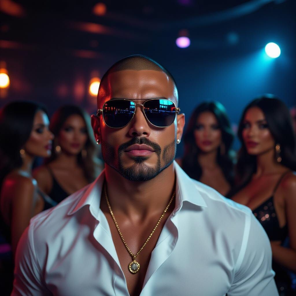 Latino Man in VIP Nightclub with Stunning Women