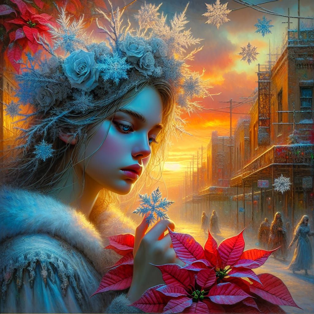 Snow Princess with Poinsettias: Hyperrealistic Watercolour C...