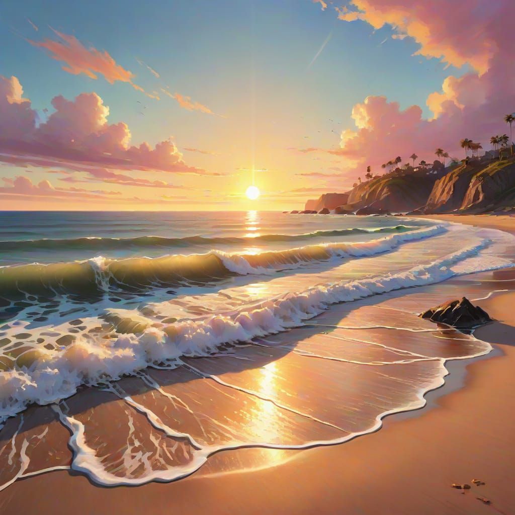 Coastal Sunrise Painting with Golden Light and Pink Sky