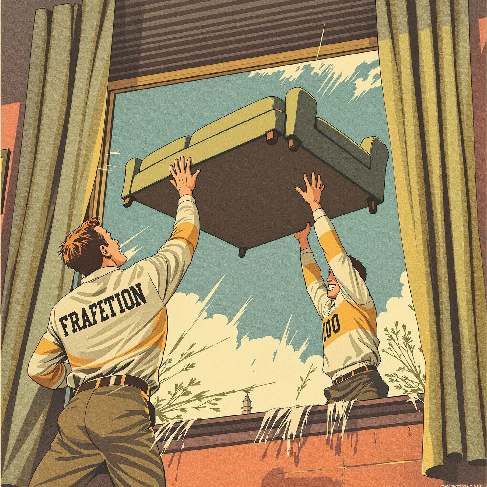 Fraternity Brothers Toss Sofa in 1950s Vintage Illustration