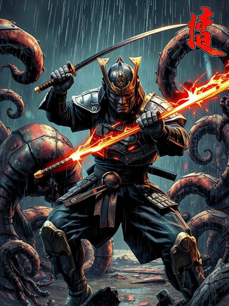 Samurai Slices Bio-Mechanical Tentacles in Energetic Comic A...