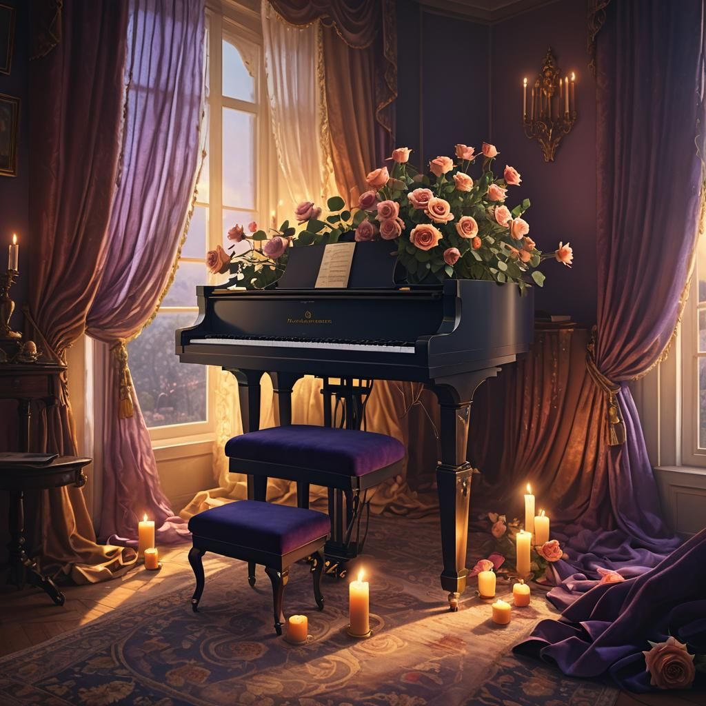 Roses on Piano with Candlelight: Fantasy Digital Art