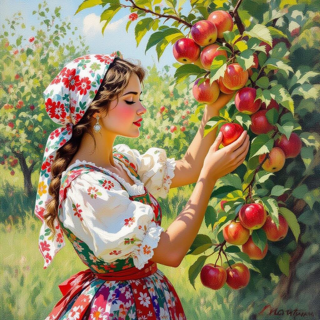 Ukrainian Woman Picking Apples in Impressionist Style
