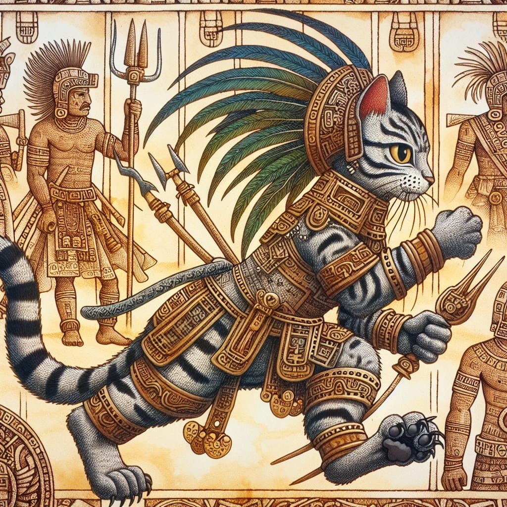 Aztec Warrior Cat in Illuminated Manuscript Style