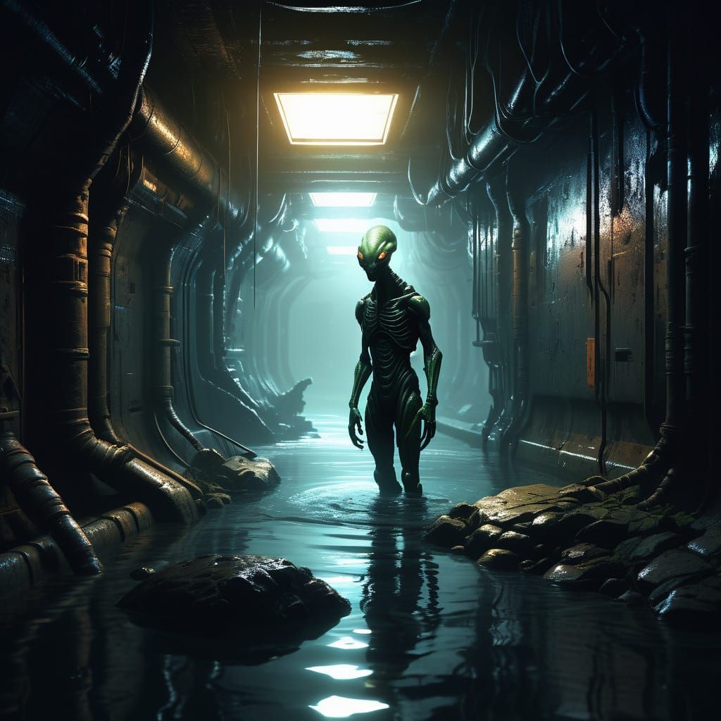 Alien Creature in Dark Sci-Fi Sewer