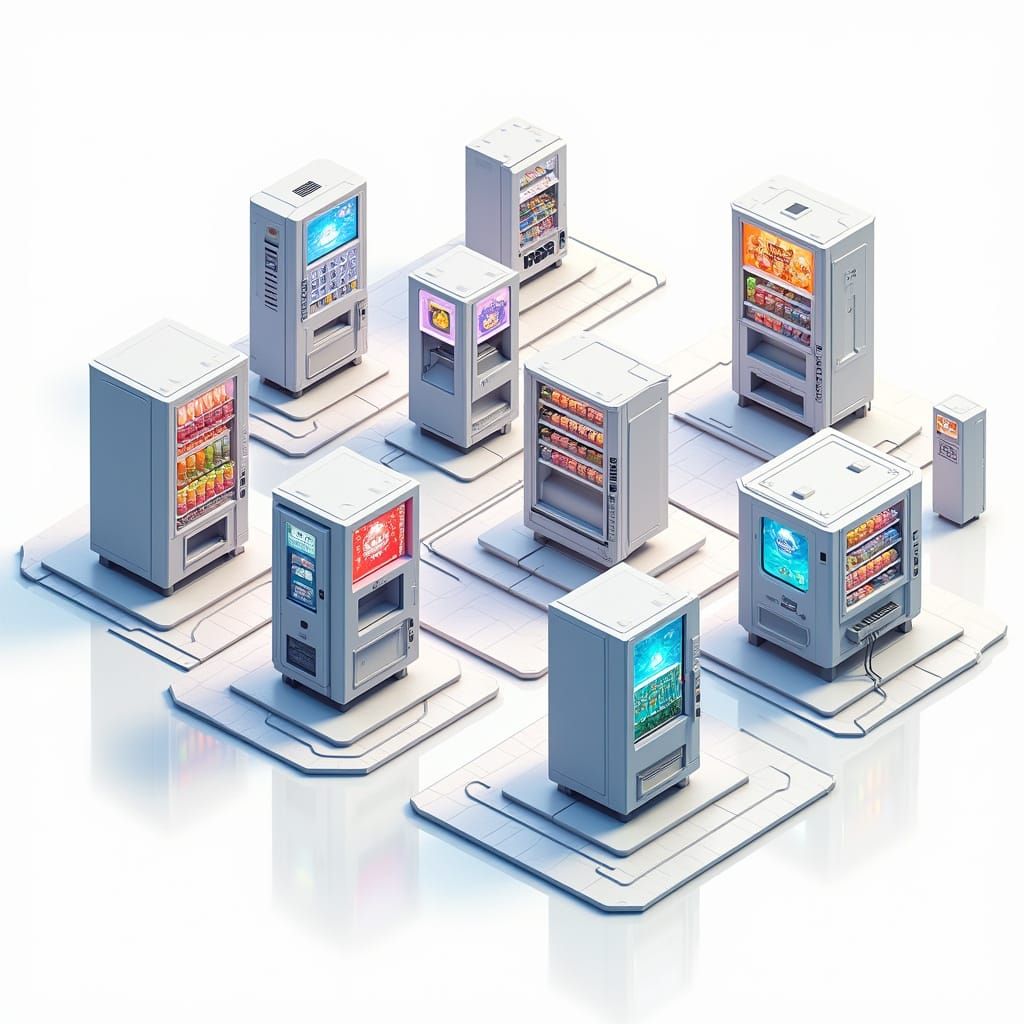 Futuristic Vending Machine Network in Isometric Perspective