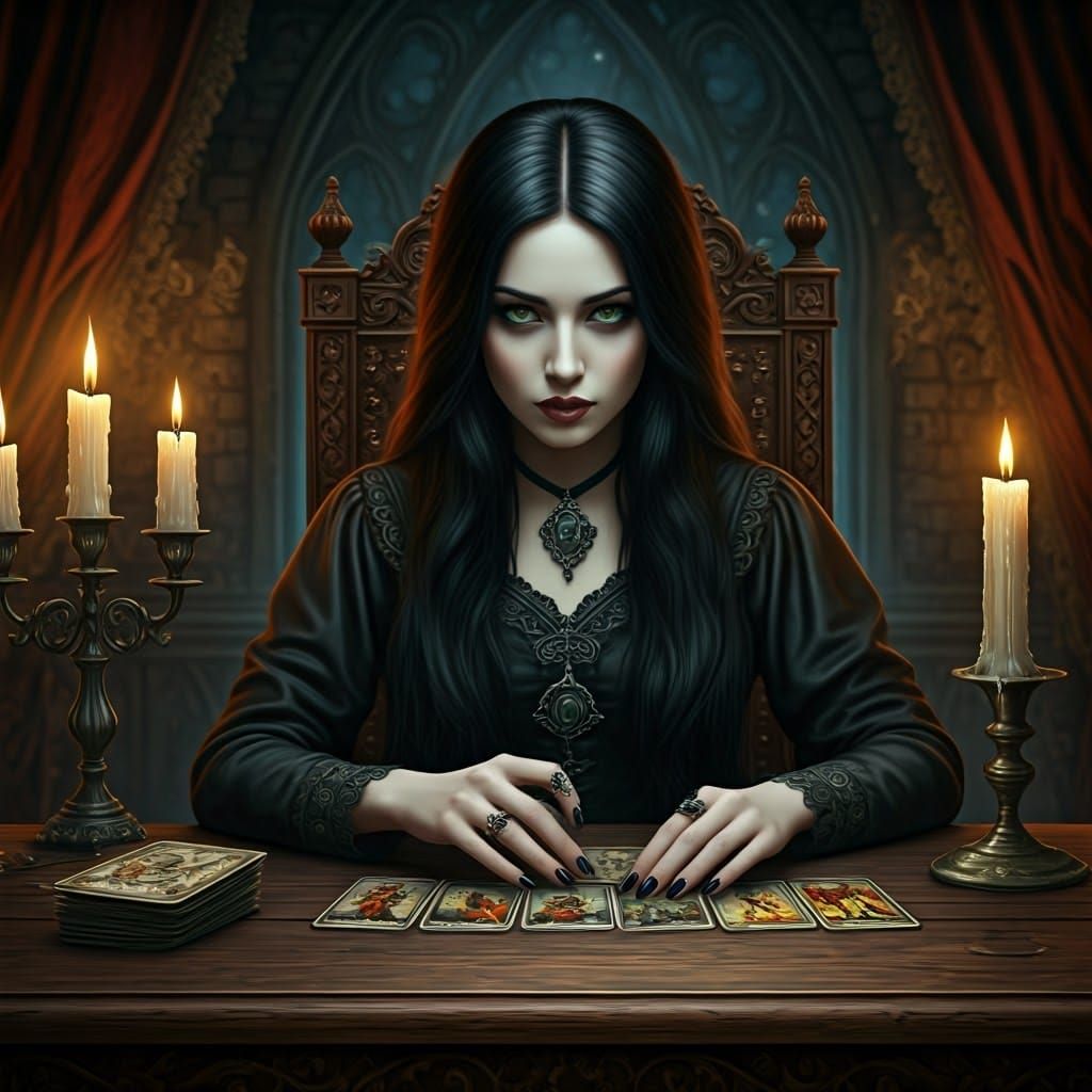 Gothic Woman Reading Tarot Cards in Dark Chamber