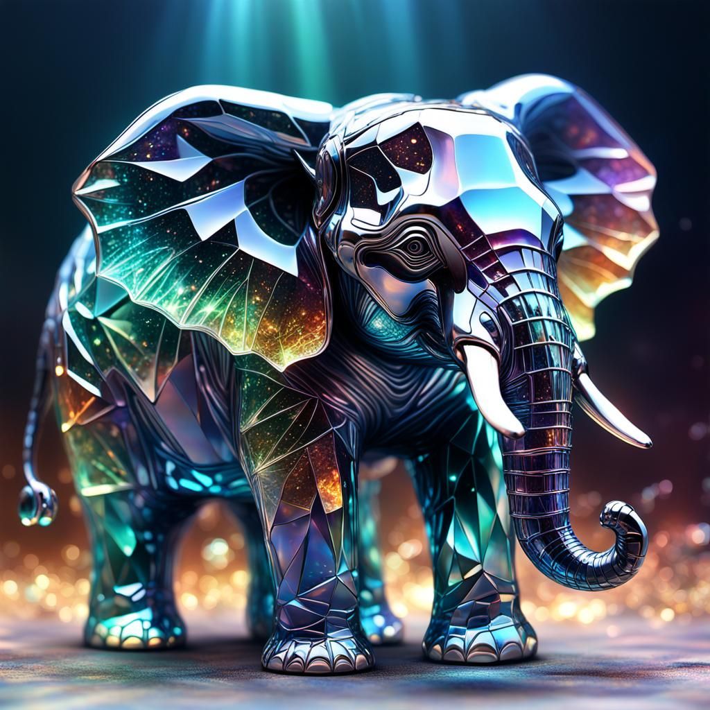 Iridescent Crystal Elephant Sculpture in Broken Glass Effect