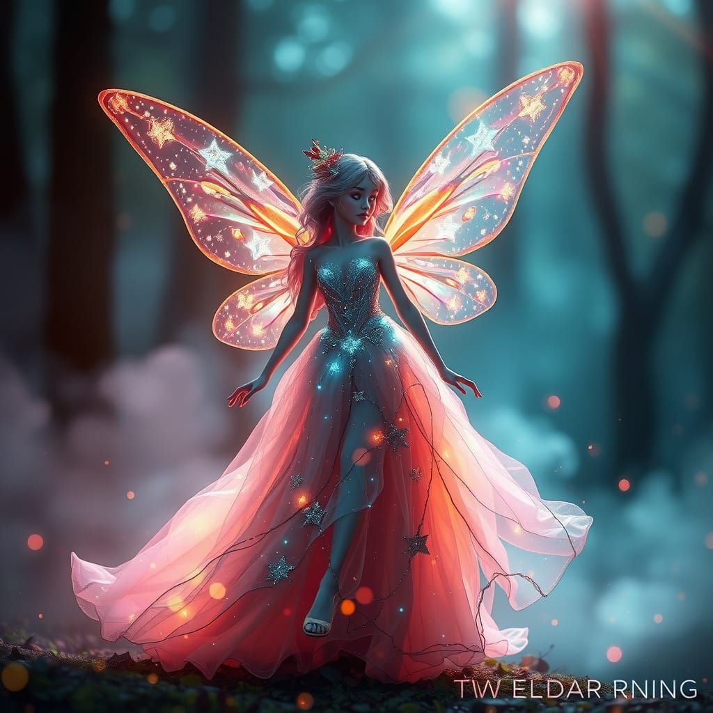 Bioluminescent Fairy in Misty Forest, Digital Art