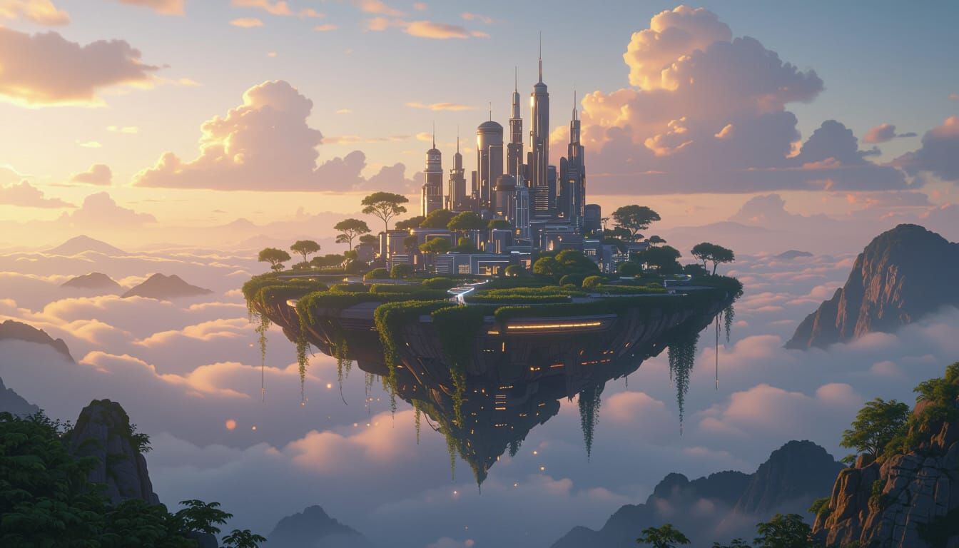 Floating Island City at Dawn in Hyperrealistic Style