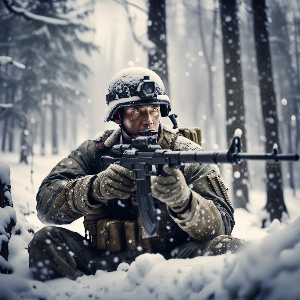 American Soldier Defends Foxhole in Snowy Forest