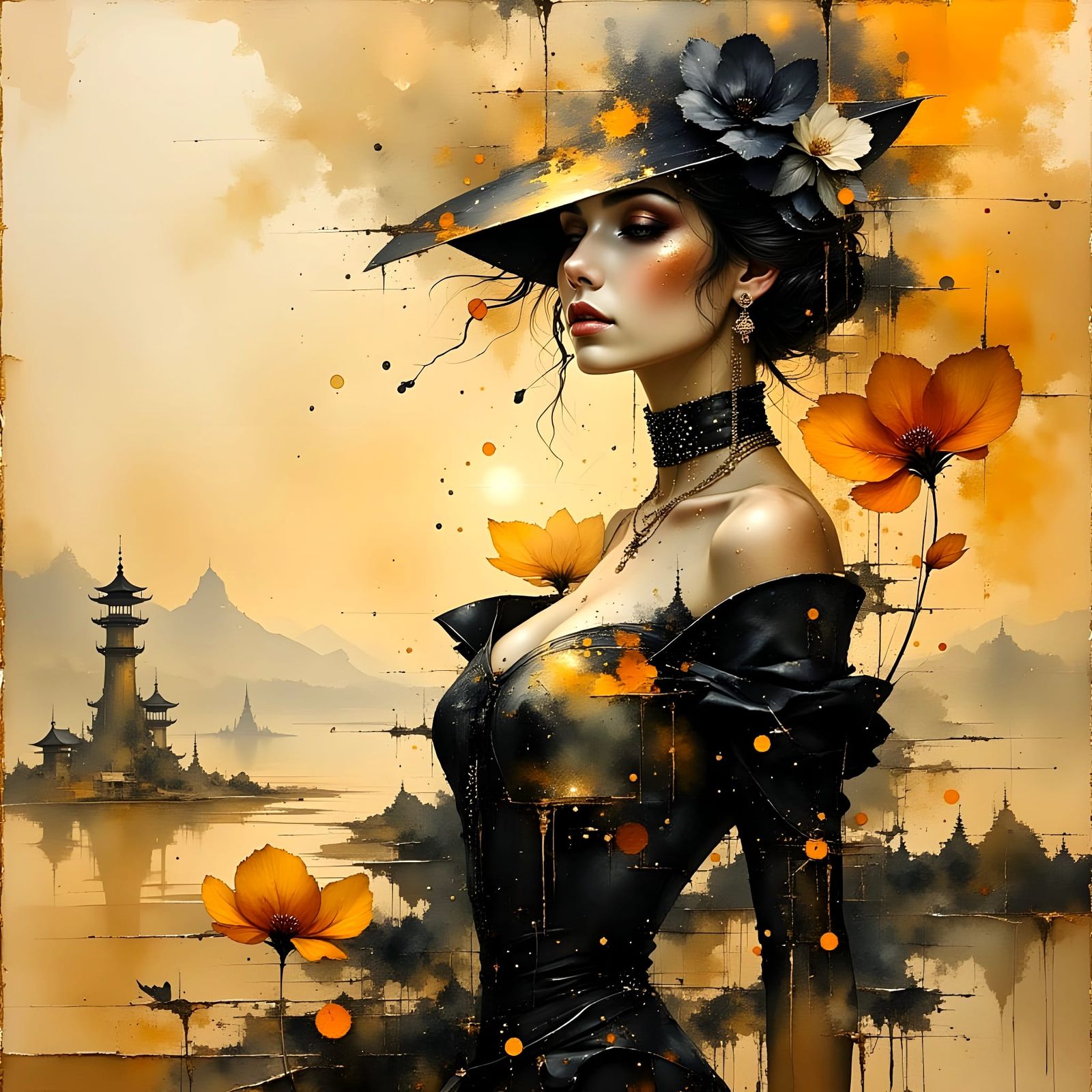 Elegant Pinup Girl in Abstract Water Ink Portrait