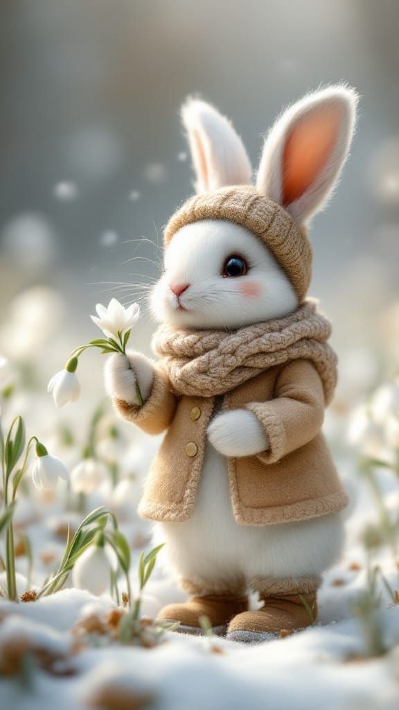 Whimsical White Felted Bunny in Snowy Autumn Landscape