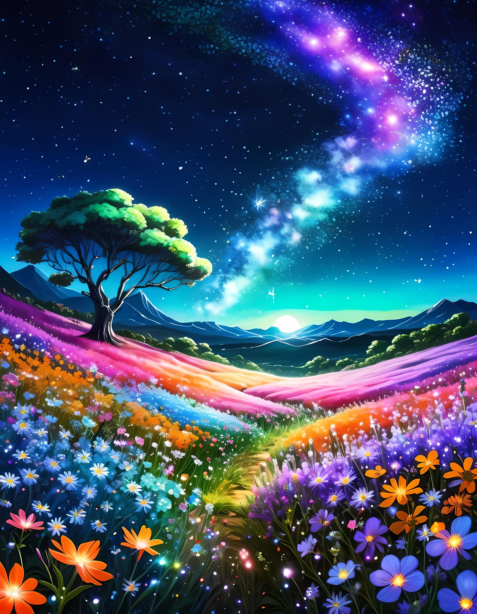 Sparkling Nightshade Flower Field in Anime Style