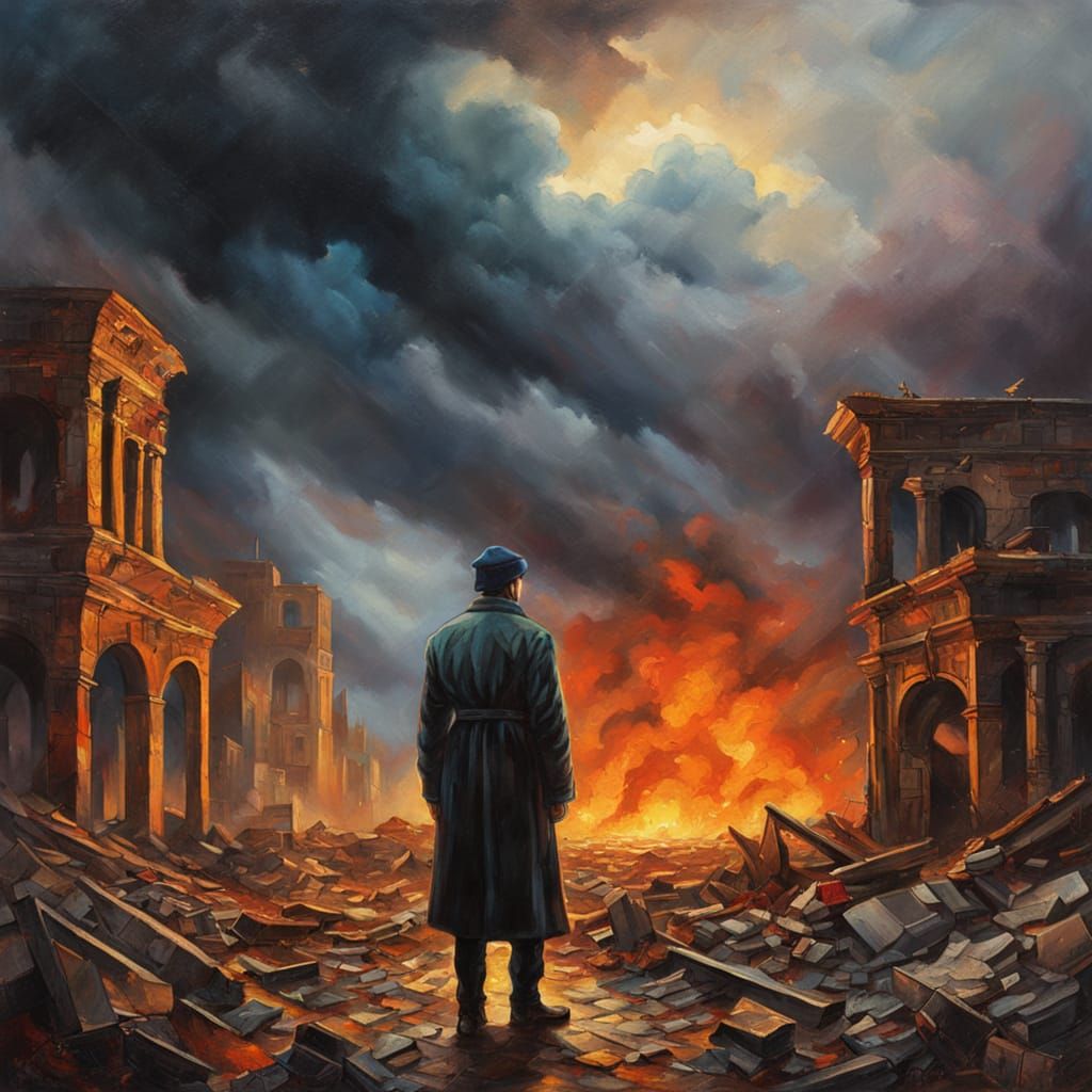 Figure in Ruined City: Surreal Oil Painting