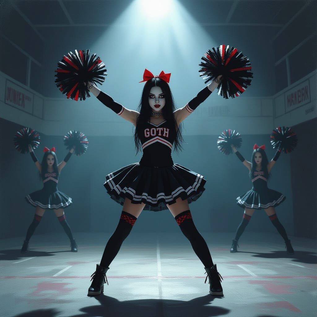 Goth Cheerleader Performing in Abandoned Gym Oil Painting
