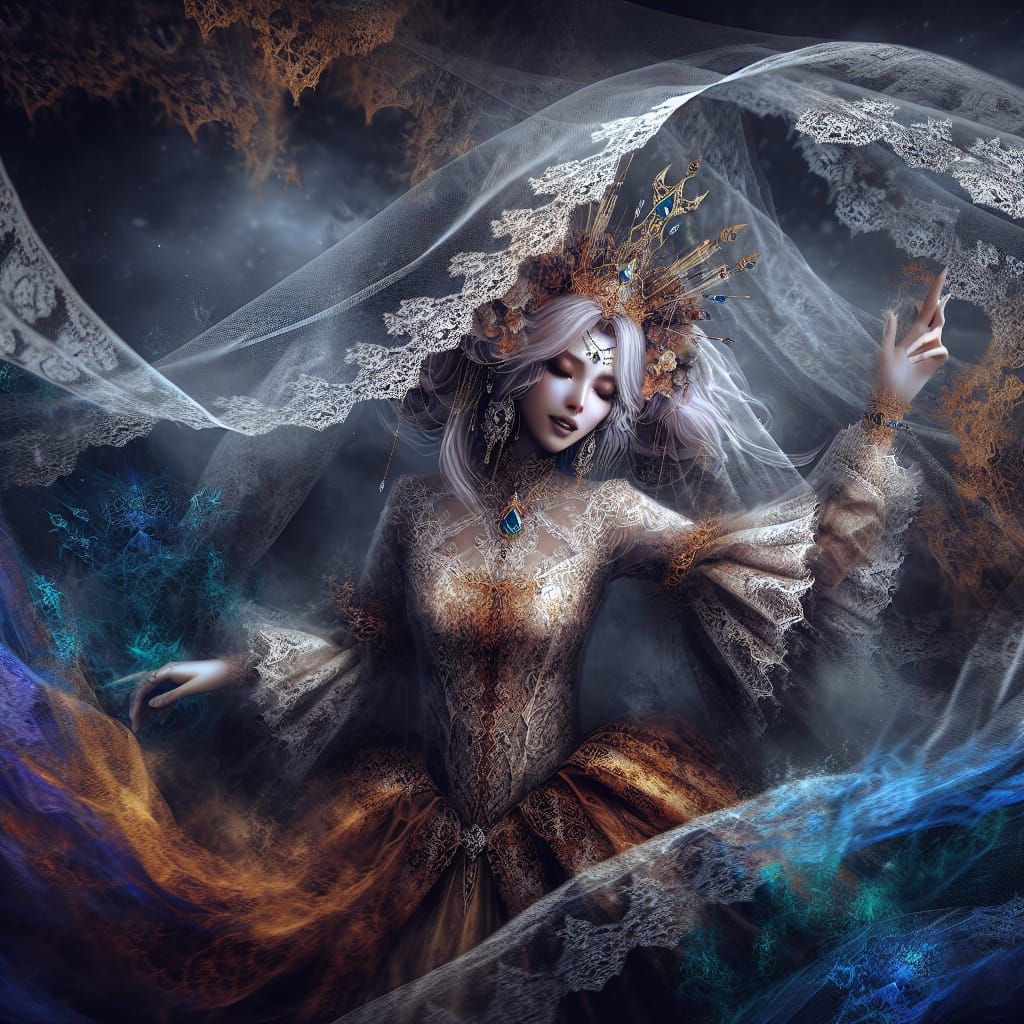 Fantasy Sorceress Surrounded by Magic and Lace