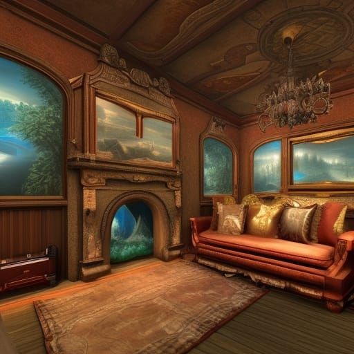 Riverside Room with Fireplace: Fantasy Concept Art