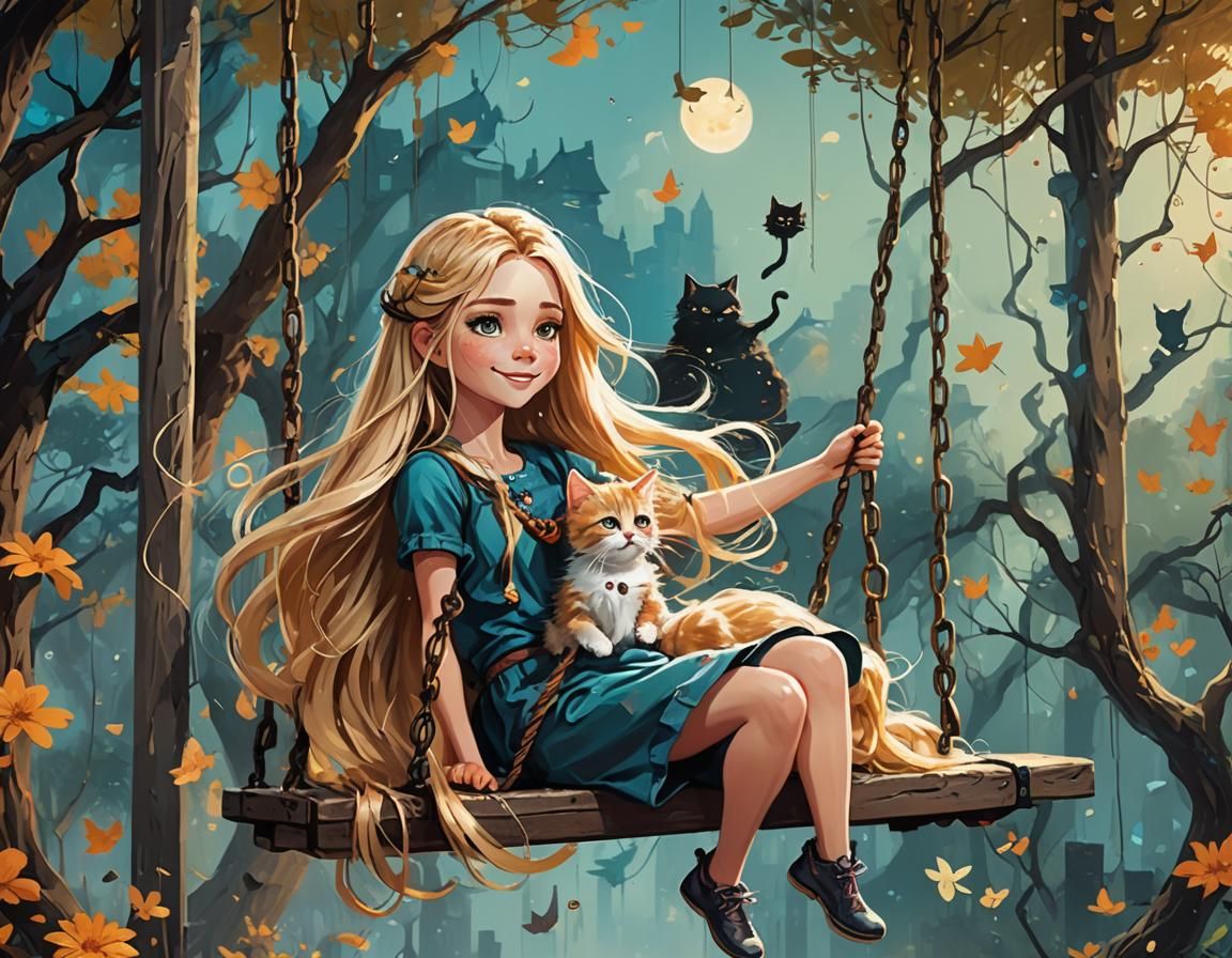 A girl with  with her kittens .