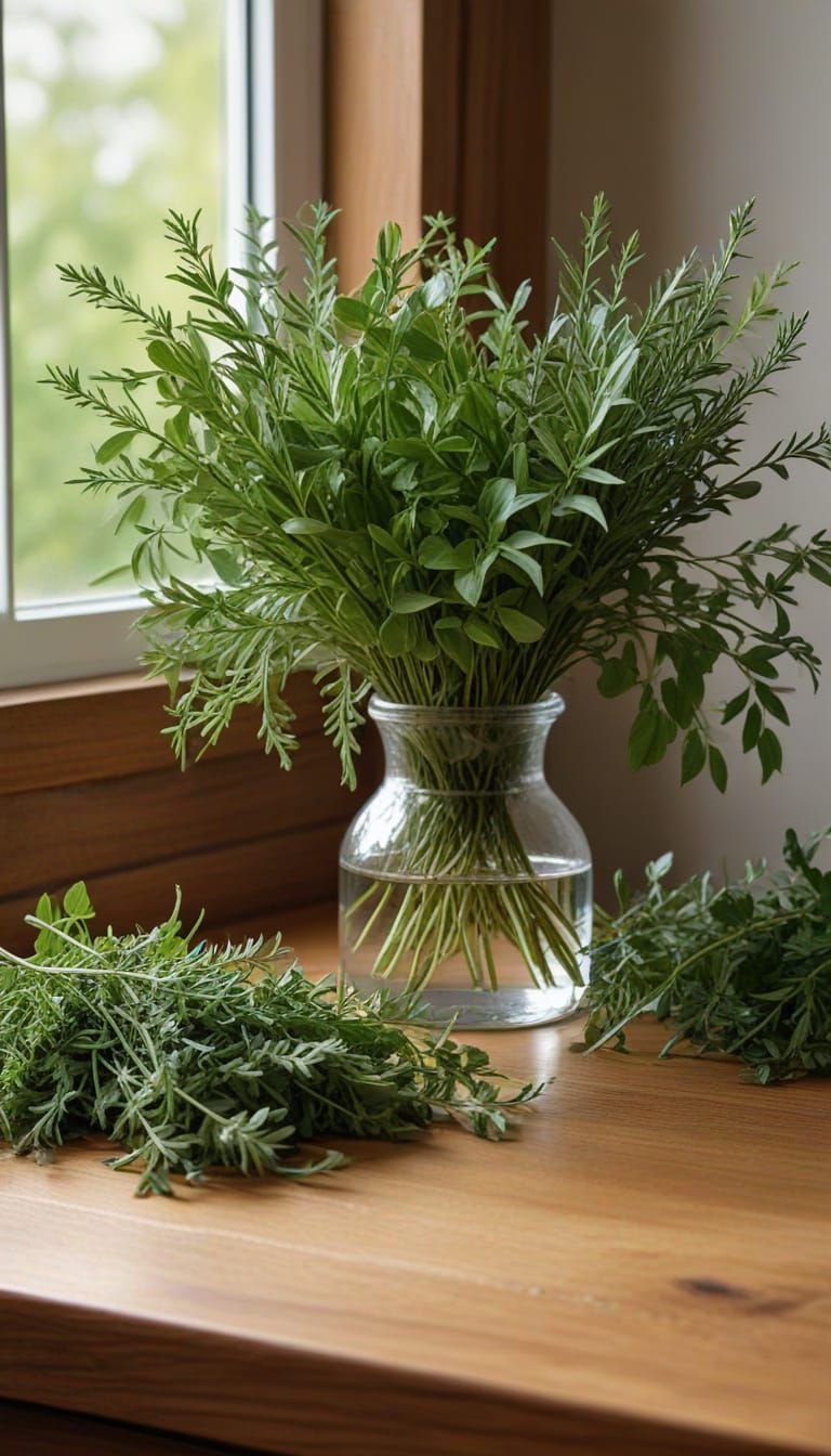 Hyperrealistic Oil Painting of Fresh Herbs on Wooden Counter