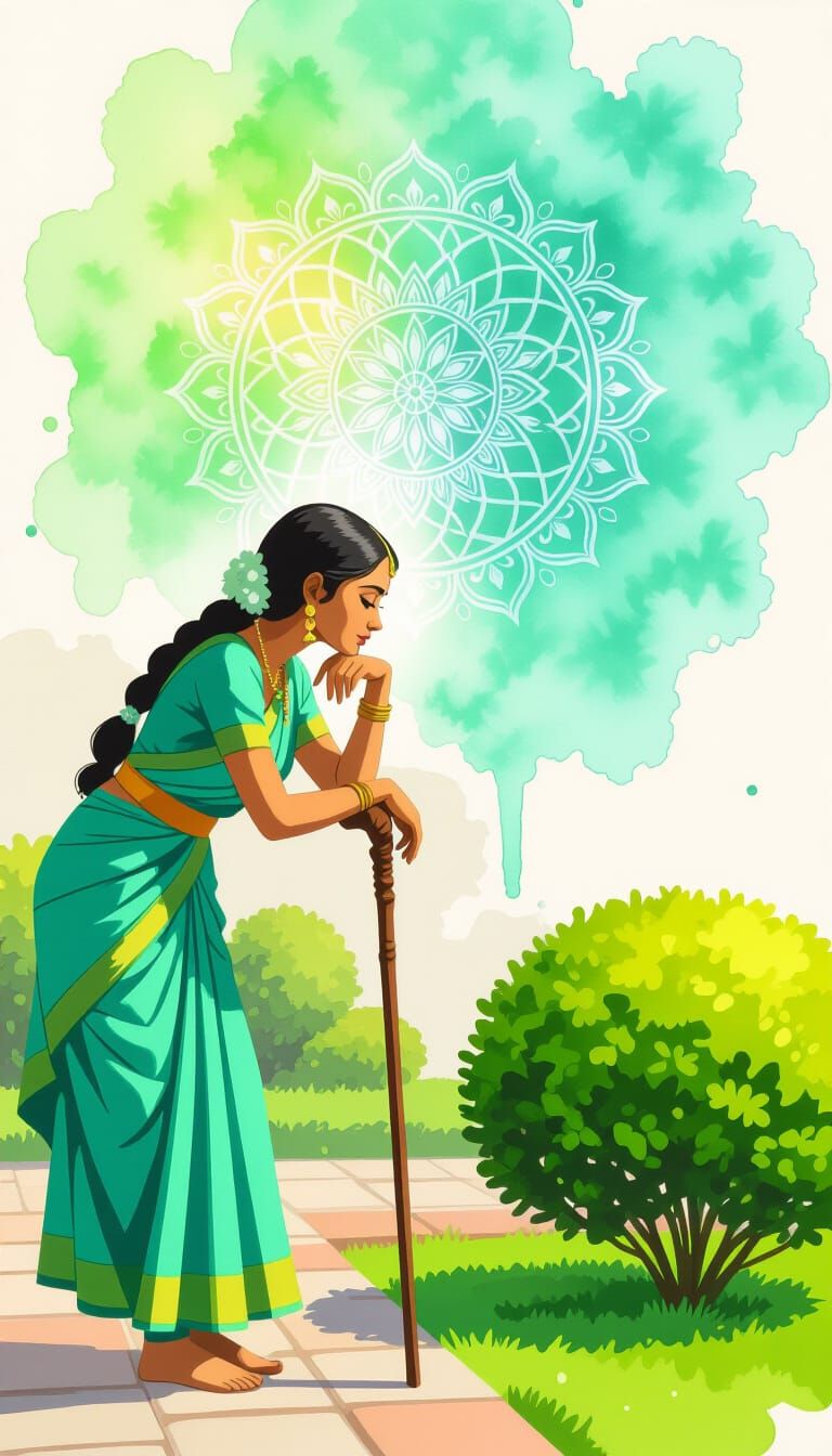 Woman Contemplates Bush in Serene Garden