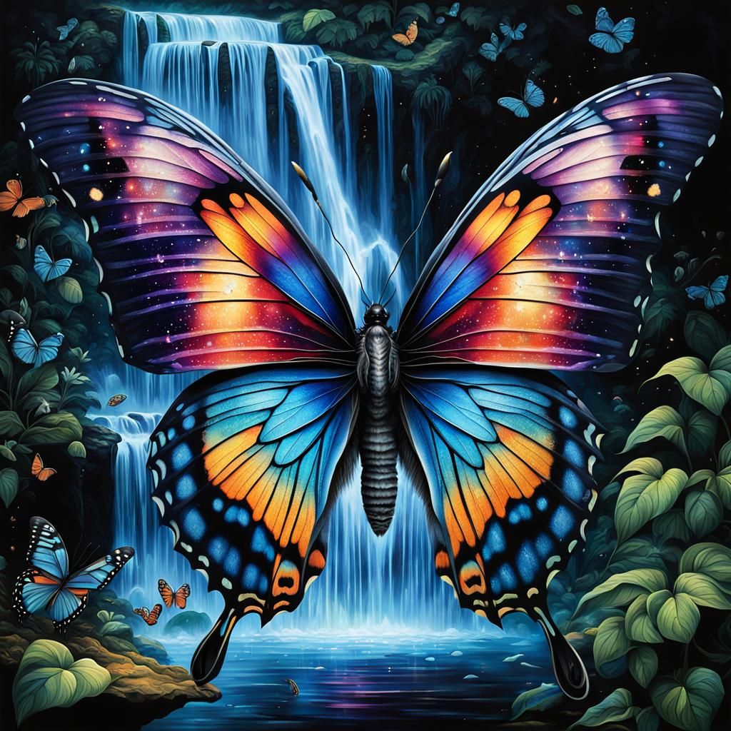 Butterfly Wings Displaying Magical Waterfalls, Fantasy Illus...