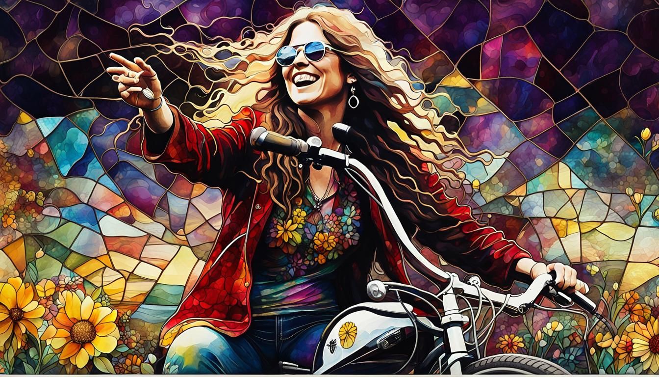 Janis Joplin riding a bike