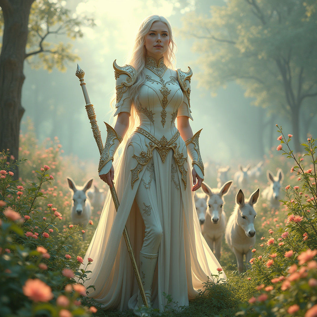 Armored Warrior Queen in Thriving Forest Farm