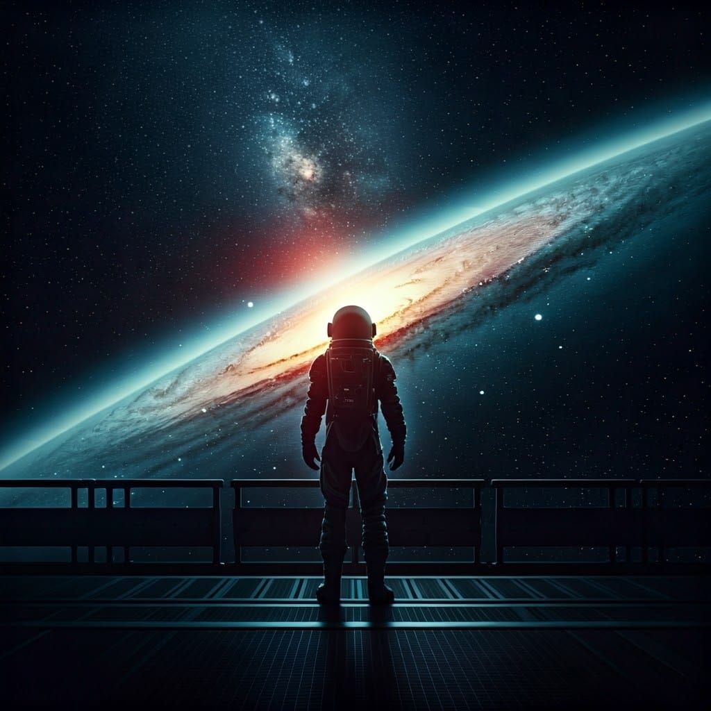 Cosmic Space Explorer in Neon-Lit Space Station