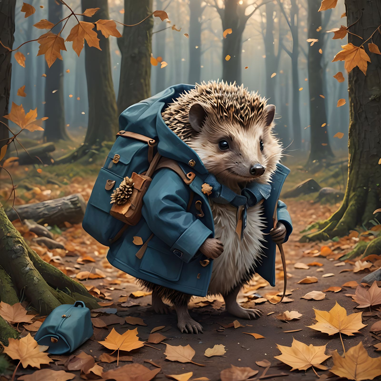 Hedgehog in Blue Coat: Whimsical Autumn Forest Art